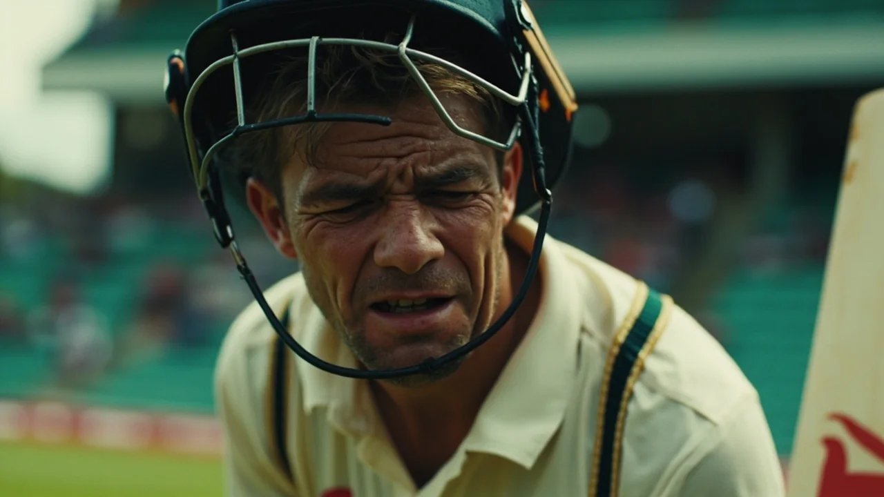 Close-up of a helmeted batter under pressure between deliveries in a packed stadium