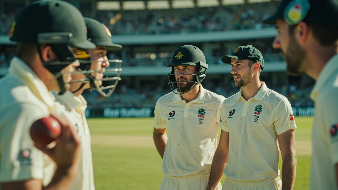 Fielders in whites gather mid-over for a tactical talk with the ball in hand