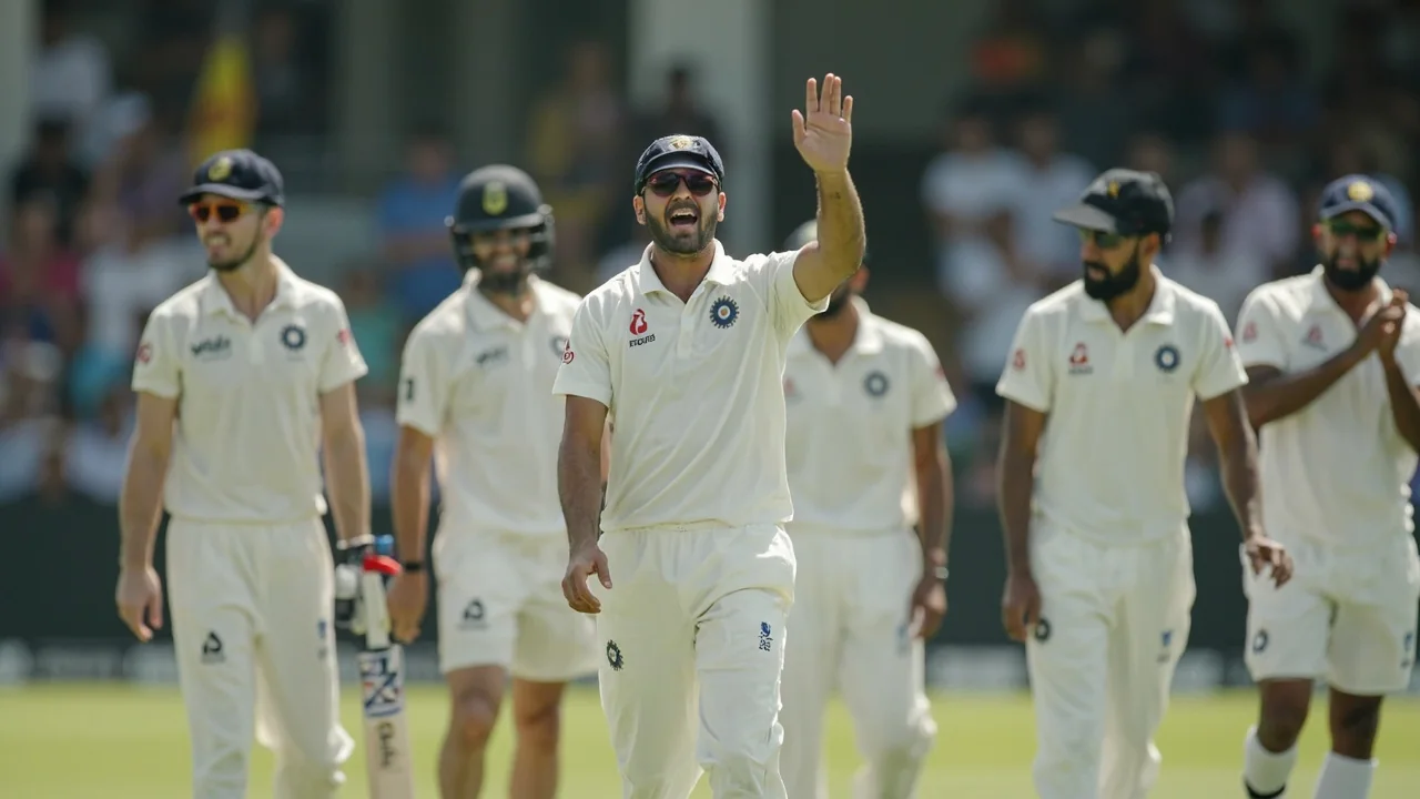 Fast bowler in delivery stride during a Test match with red ball in hand